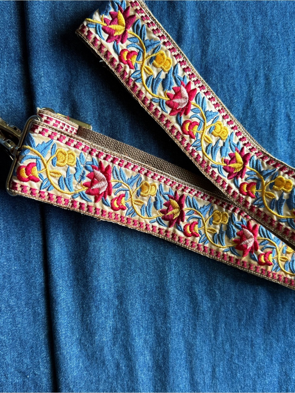 Embroidered Floral Crossbody Strap - Pink, Yellow & Blue